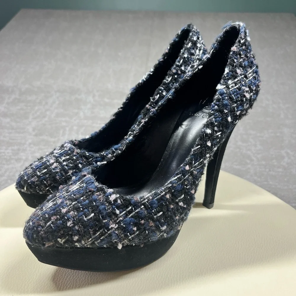 Tory Burch Peggy Blue Tweed and Suede Platform Pumps Shoes size US 8